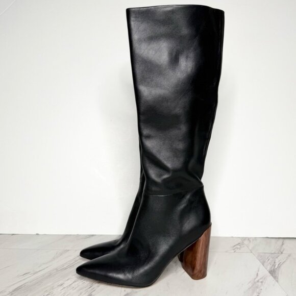 Vince Pilar Pointy Toe Black Leather Heeled Tall Boot 10M - Picture 1 of 16